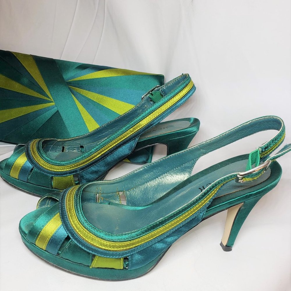 Green Satin Heels and Clutch SZ 37 EU